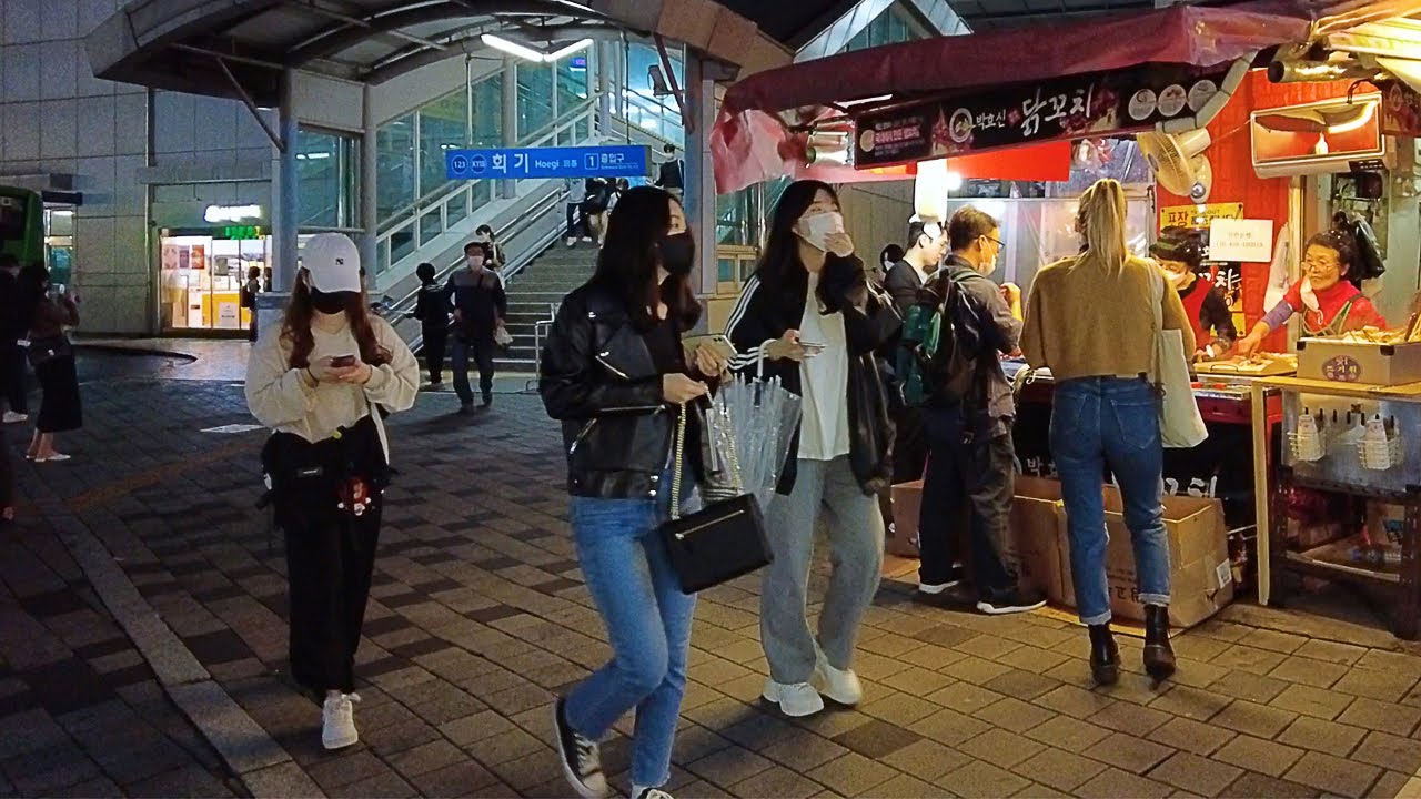 🚶 Ночная прогулка по Сеулу, станция Кёнхи, станция Хёги, аллея Паджон