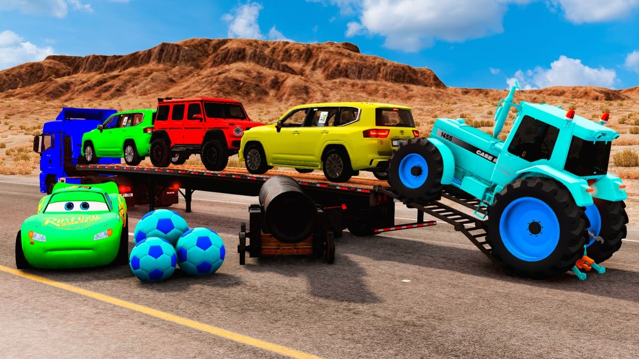 TRANSPORTING PIXAR CARS & FRUITS WITH COLORED & JOHN DEERE vs CLAAS vs TRACTORS - BeamNG.drive