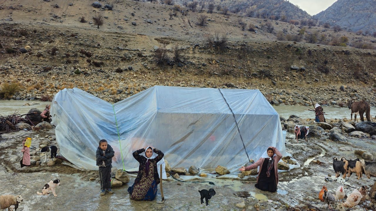 Nomadic life:Wild torrential rain by Khersan River survival of single nomadic girls Zagros Mountain