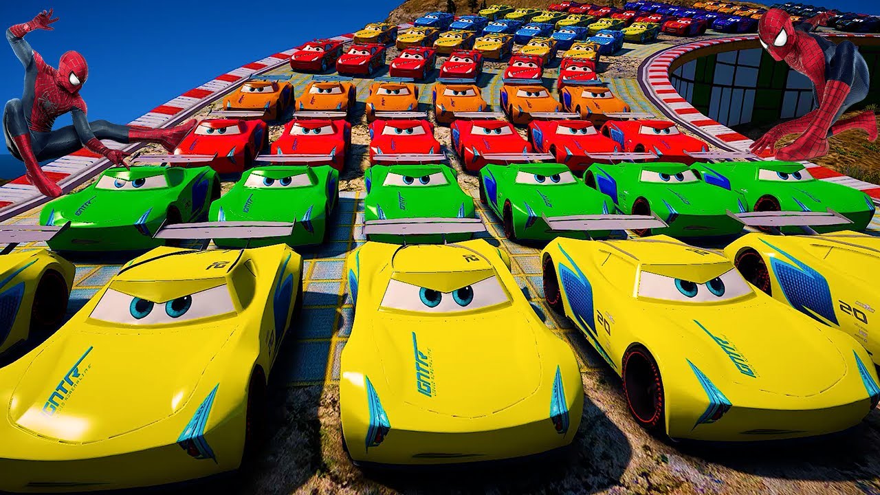 GTA 5 Spiderman Cars Challenge Disney Pixar Cars Lightning McQueen Fabulous Dinoco Jackson Storm