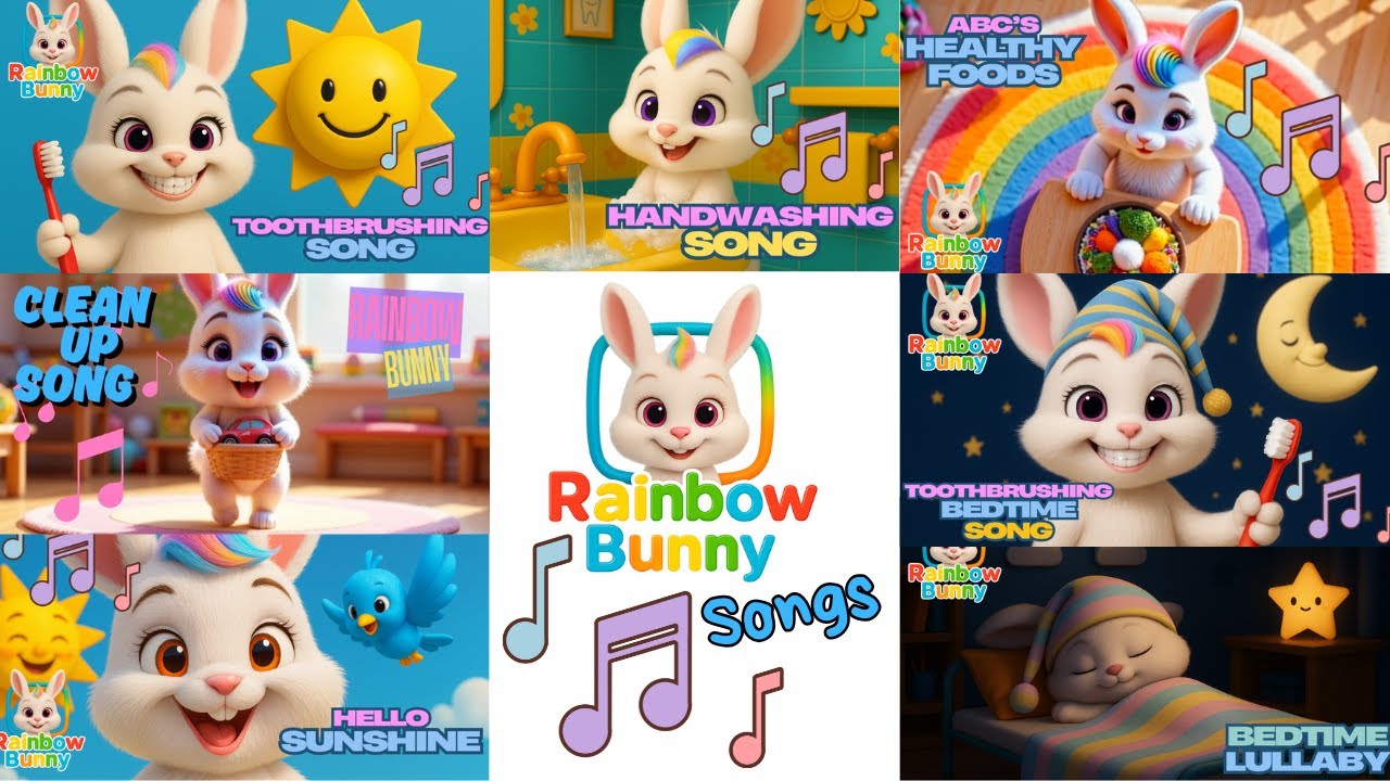 🎶 Rainbow Bunny Songs for Kids 🐰🪥🧼🍎 Morning to Bedtime | Full Music Video Compilation