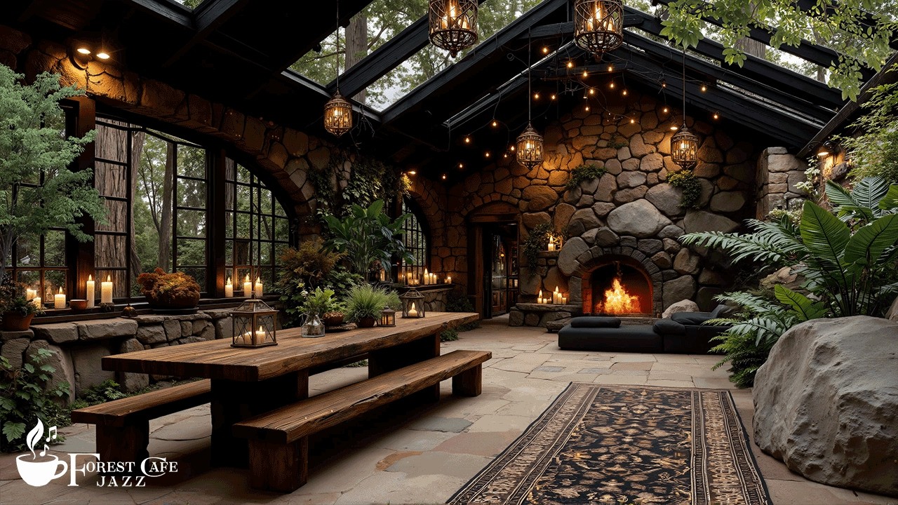 Woodland Stone Fireplace Sanctuary | Smooth Instrumental Jazz For Peaceful Cozy Retreat Moments