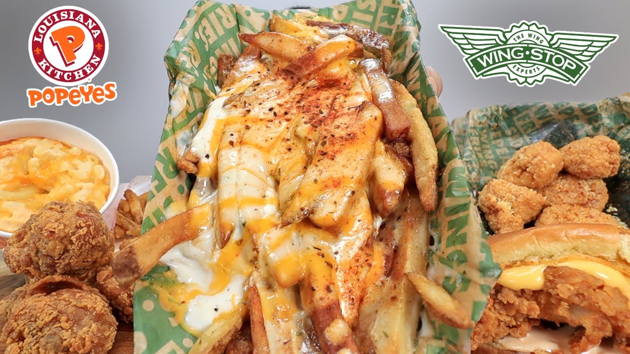 ASMR EATING EXTRA CHEESY WINGSTOP VOODOO FRIES, CRISPY POPEYES FRIED CHICKEN, GARLIC PARM WINGS