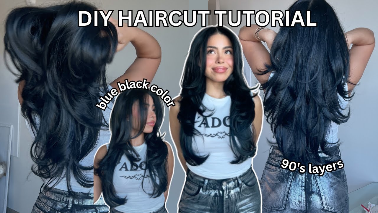 AT HOME 90'S LAYERS HAIR CUT, BLUE BLACK HAIR DYE, AND BLOWOUT TUTORIAL