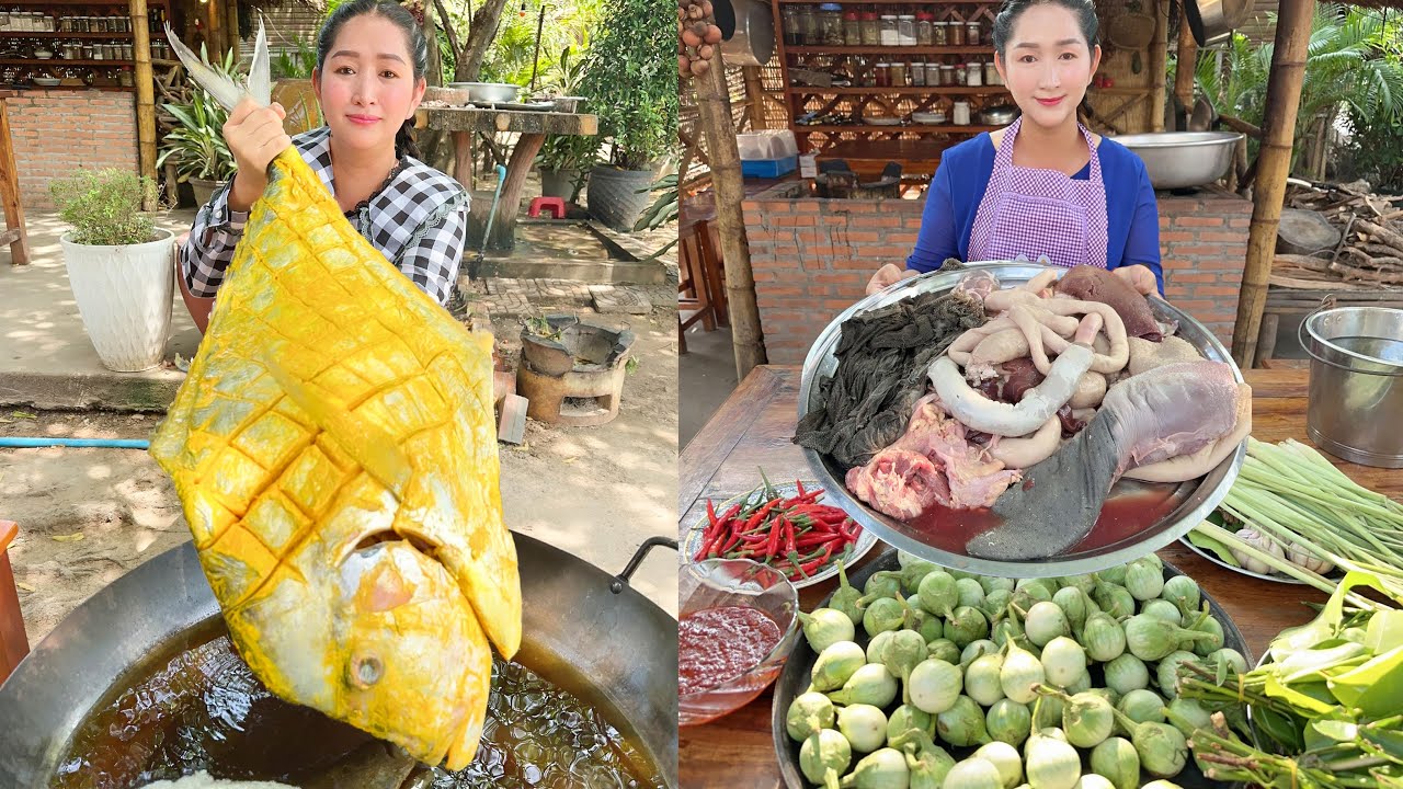 Sros cooking skill: Cow intestine soup, Crispy fish, Fry egg, Mommy chef amazing cooking