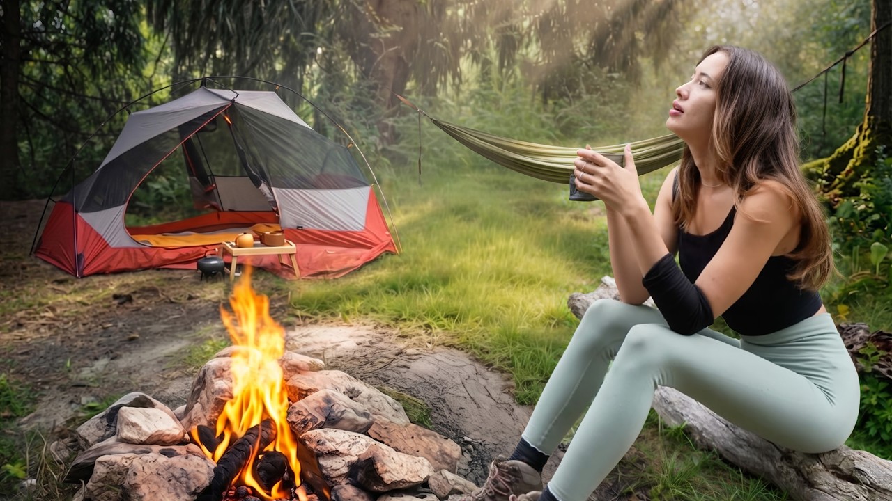 SOLO CAMPING IN RAIN MOUNTAIN  WITH INFLATABLE TENT | OVERNIGHT&CAMPFIRE