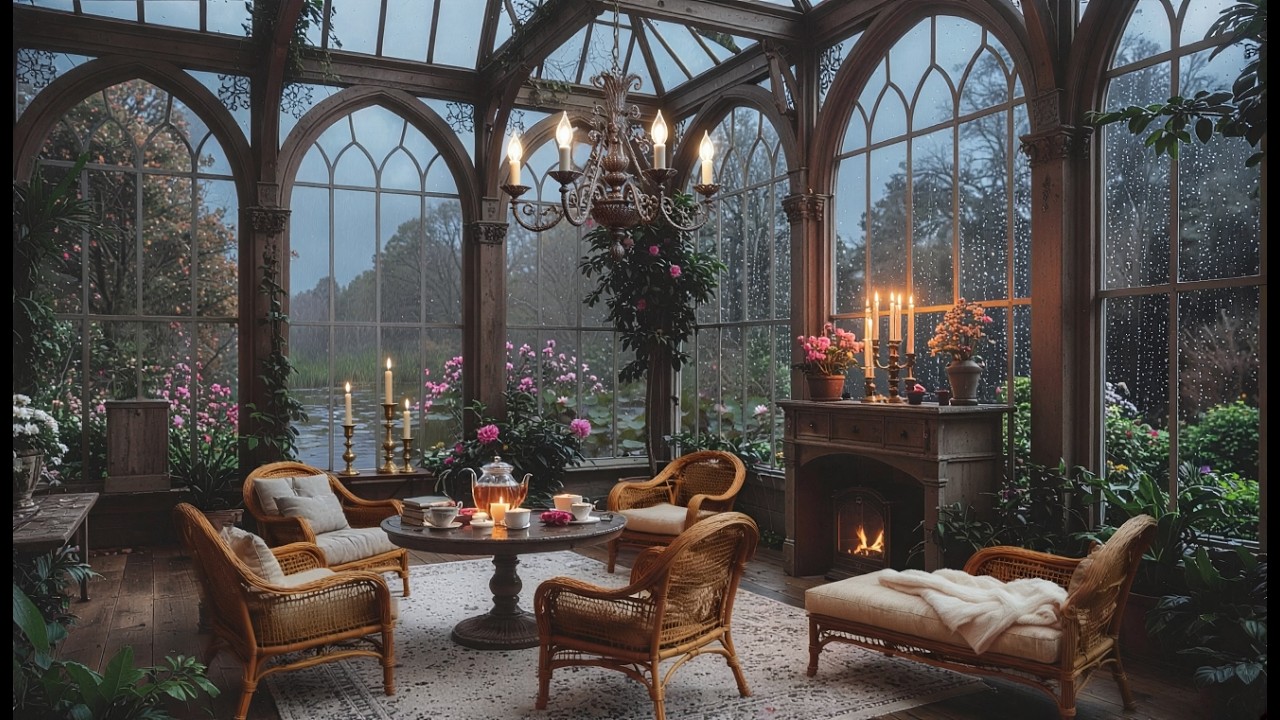 Rainy Conservatory Fireplace Ambience 🌧️🔥 Cozy Glass Garden Room for Sleep & Study (2 Hours 4K)