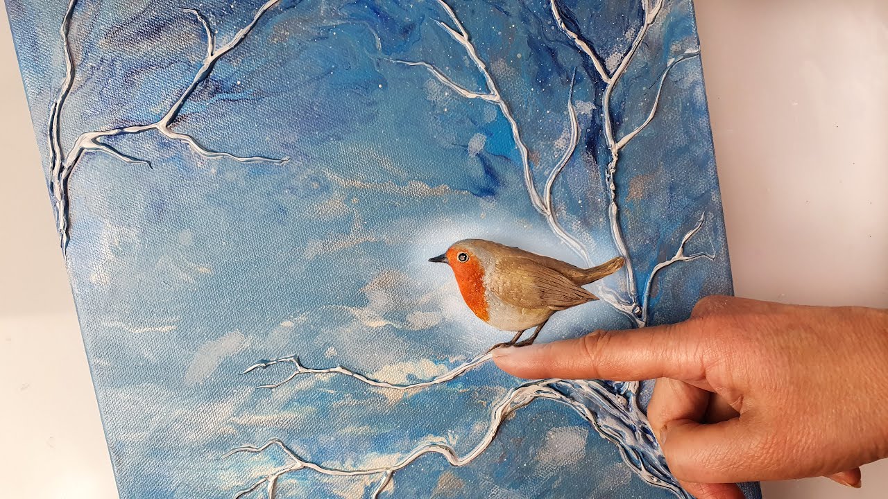 WONDERFUL Winter Robin Acrylic Pour! EASY Glue Gun + Doable Mixed Media! | AB Creative
