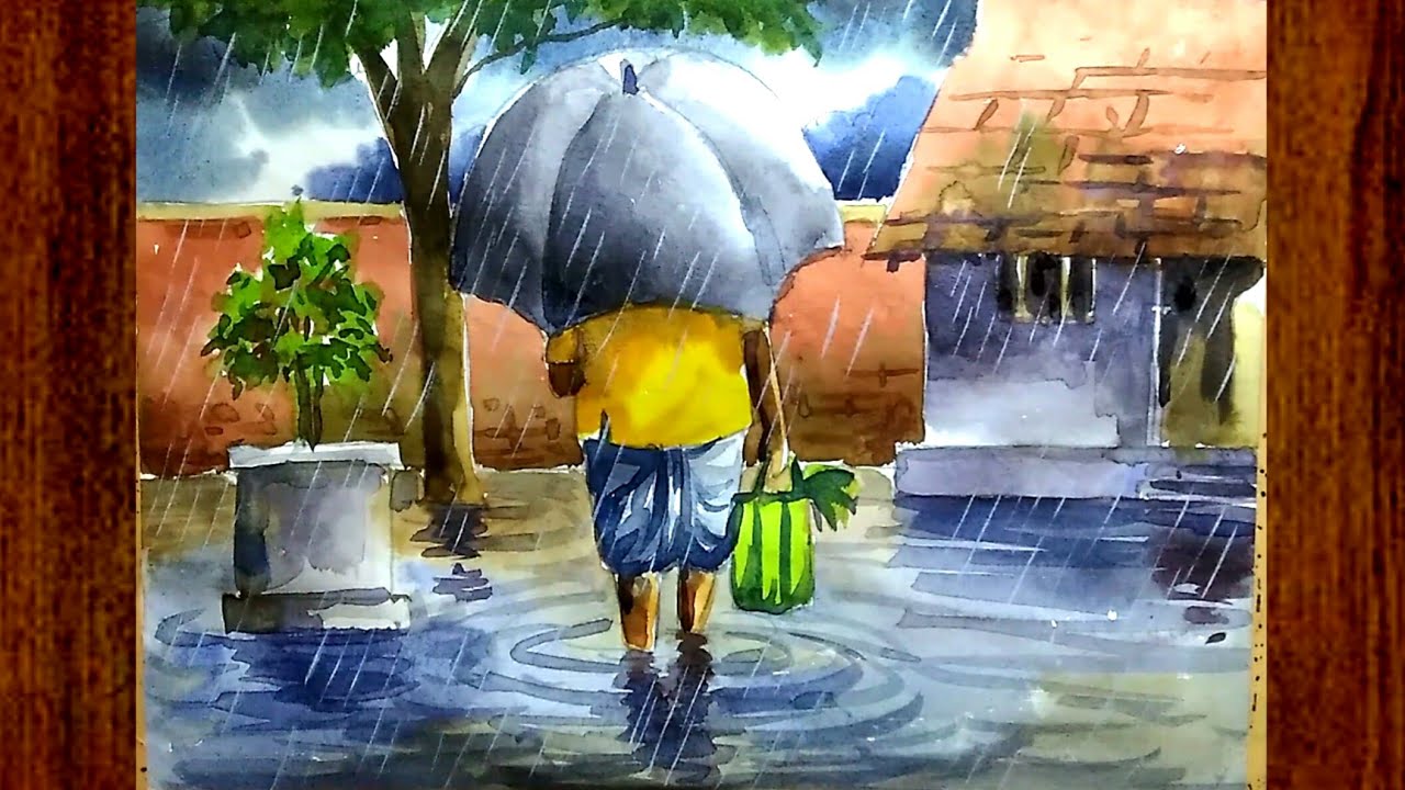 Rainy day scenery drawing with water colour/Village rainy season drawing easy