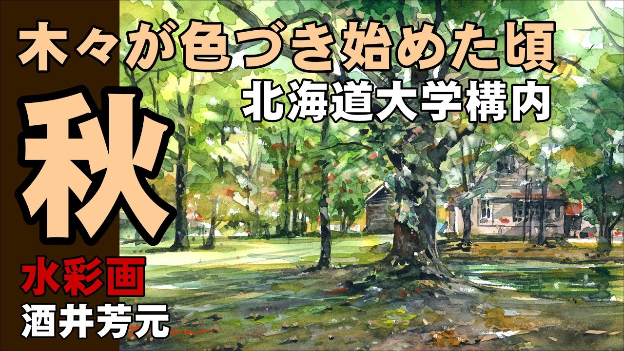 北海道大学構内、秋の風景2023　水彩画　酒井芳元