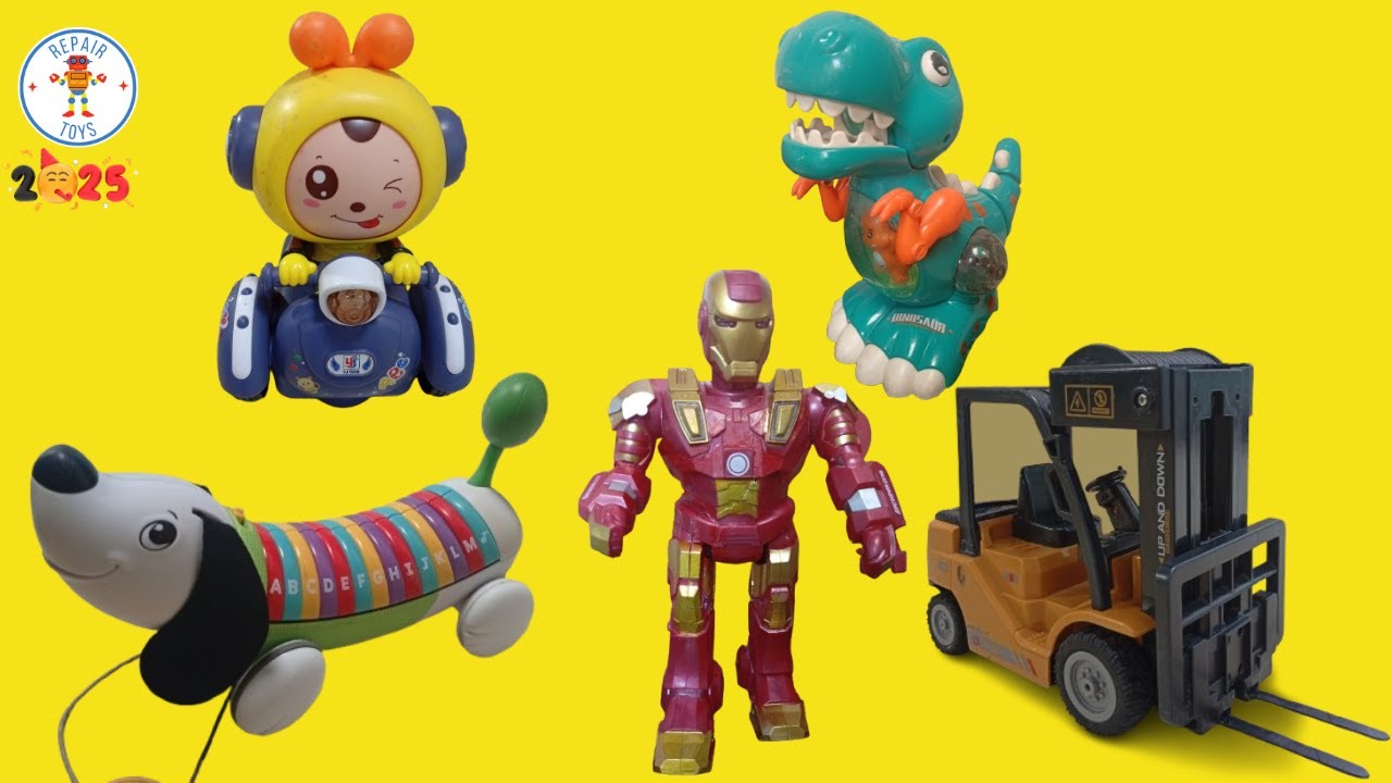 Repair toys: Forklift, iron man, musical dog, dinosaur, driving bee