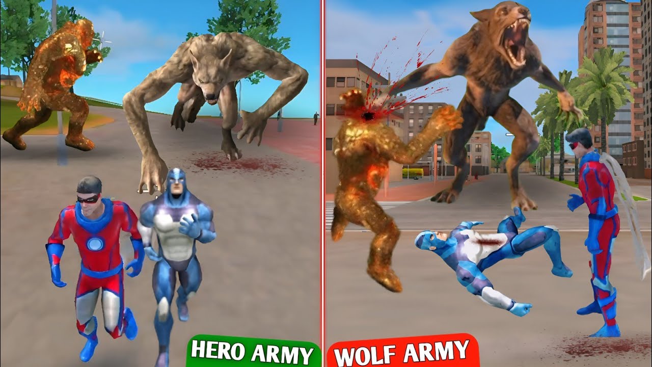 wolf attack humans in voice town City|rope hero and super hero fight wolf army