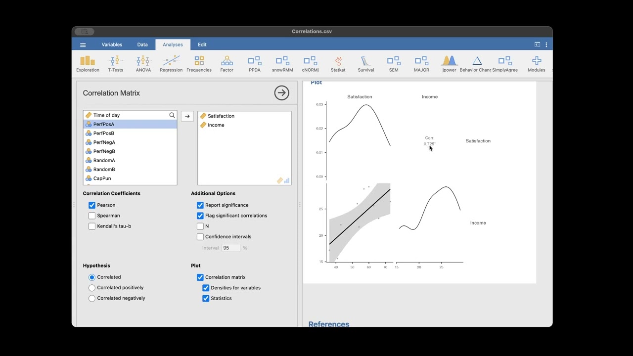 Correlation Statistics using JAMOVI