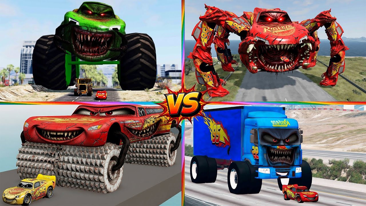 Lightning McQueen vs Giant Mutants! 🏎 Mecha Titans 🆚 Tiles hop EDM RUSH 🆚 SCHOOL BUS EATER / TIELS