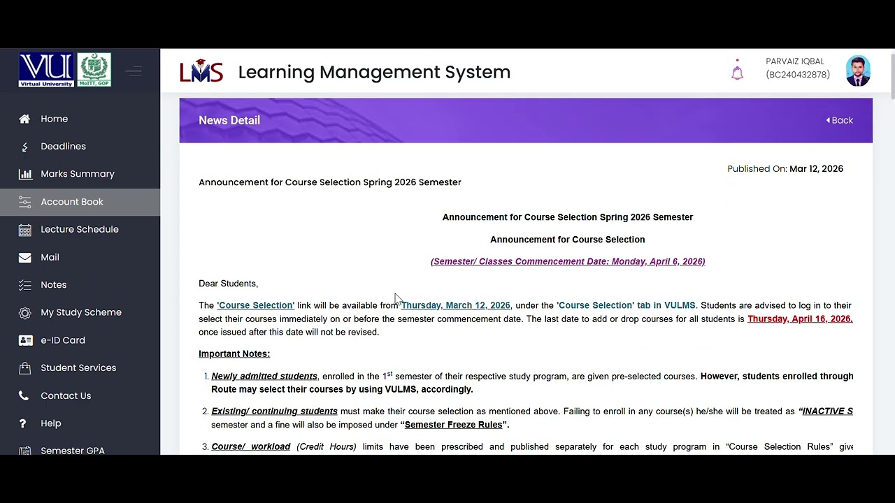 Announcement for Course Selection Spring 2026 Semester #virtualuniversity #Courceselection#update