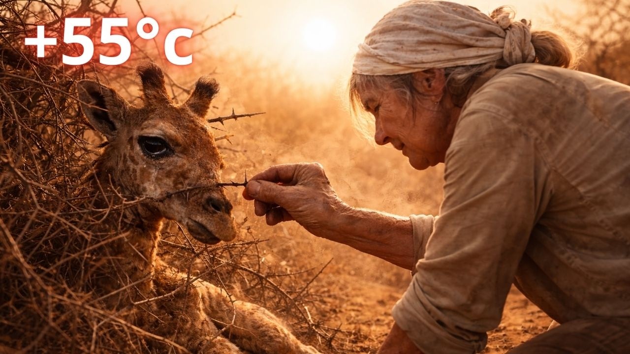 At 55°C, an 80-Year-Old Widow Found a Baby Giraffe Trapped in Desert Thorns… Then a Miracle Happened