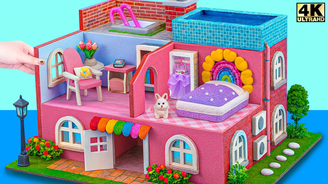 Build Color Block Miniature Dollhouse with Rooftop Sky Pool, Sweet Bedroom 🌈 DIY Miniature House