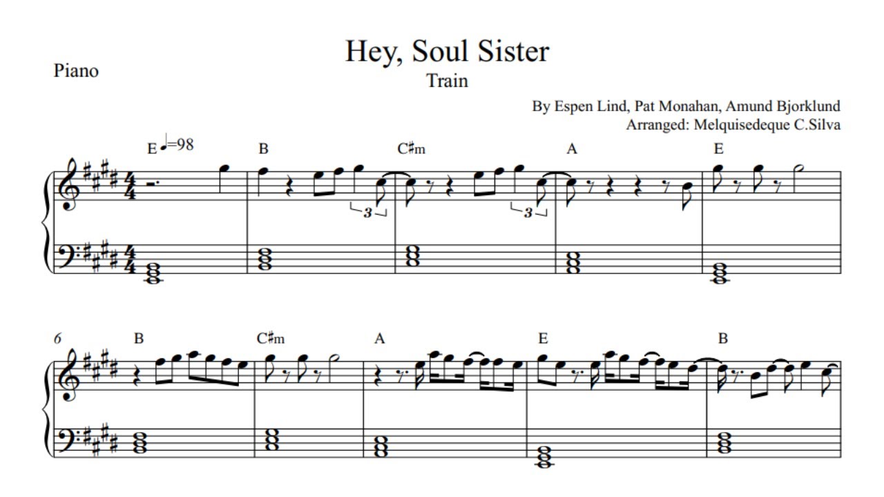 Train - Hey, Soul Sister - Arranged for solo piano, with music sheet