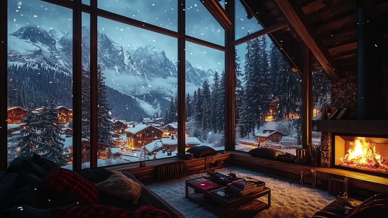Winter Mountain Cabin Under Falling Snow ASMR ❄️ Cozy Fire Ambience for Sleep Recovery