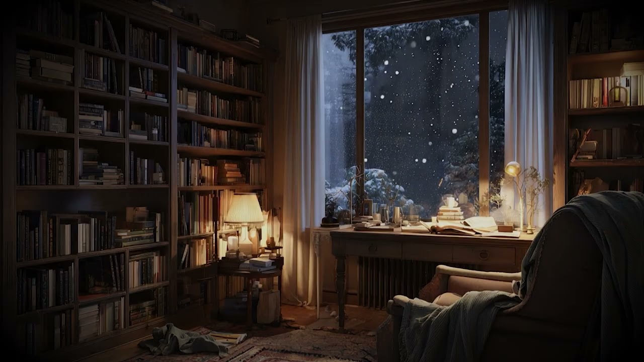 Cozy Library Night with Falling Snow ❄️📚 | Fireplace Study Ambience for Sleep & Peace | 10 Hours