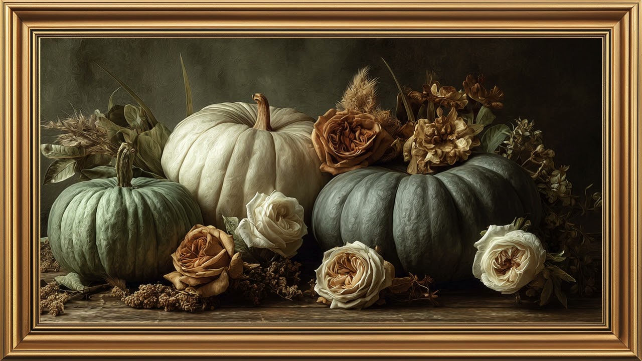 Frame TV Art 4K | Halloween 2026 Neutral Still Life | White Pumpkins & Autumn Roses