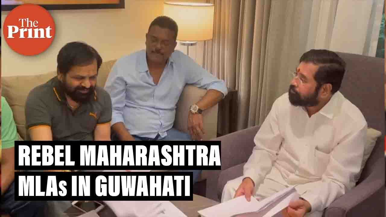 Rebel Shiv Sena MLA Eknath Shinde with other MLAs in Guwahati, Assam
