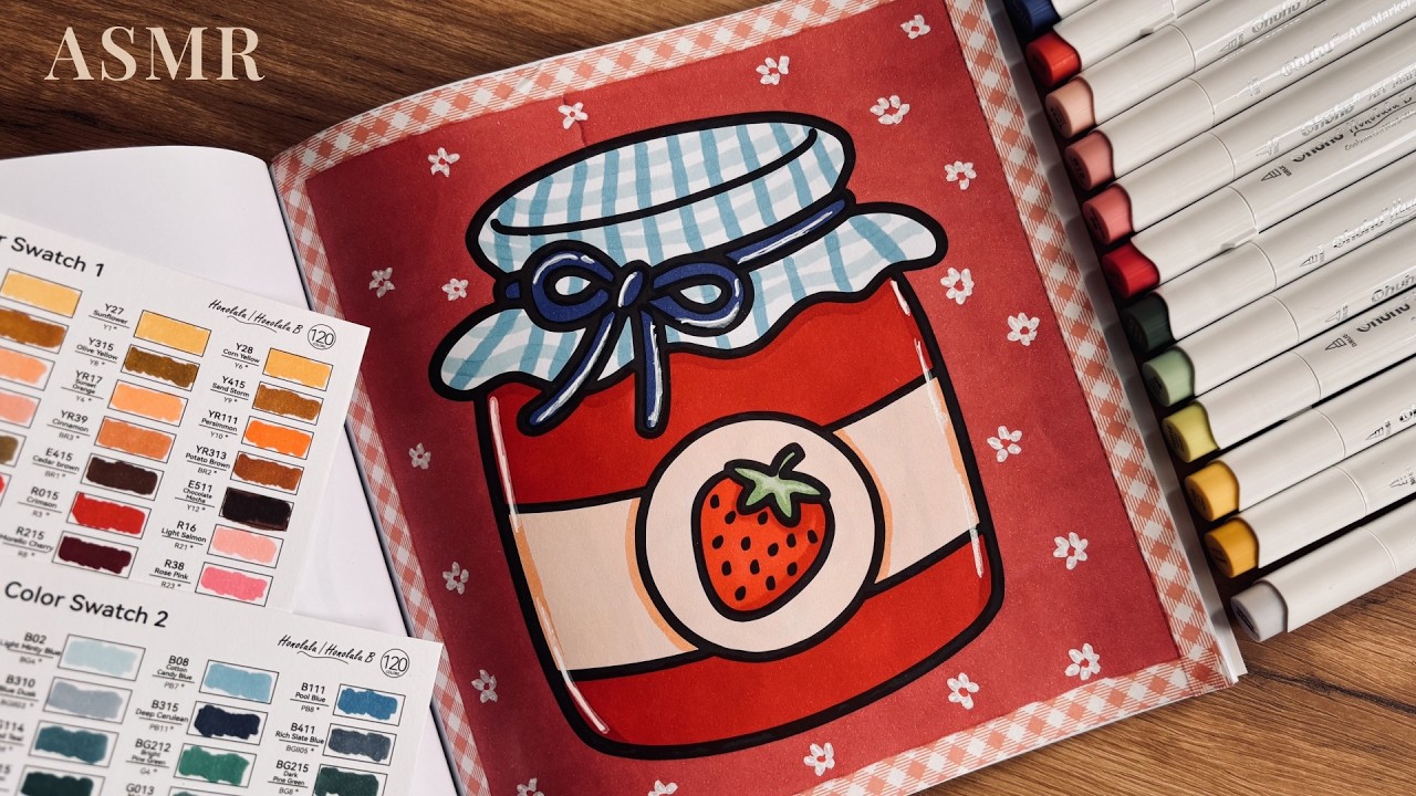 ASMR Coloring 🍓 Strawberry Jam Jar  Relaxing Marker Sounds  No Talking