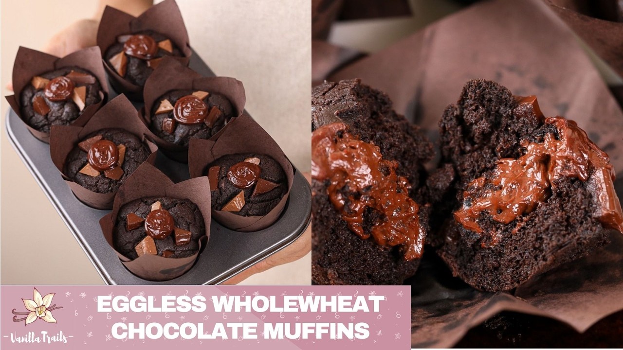 Eggless Wholewheat Chocolate Muffins with Jaggery & Ganache Filling | Healthier Viral Olympic Muffin