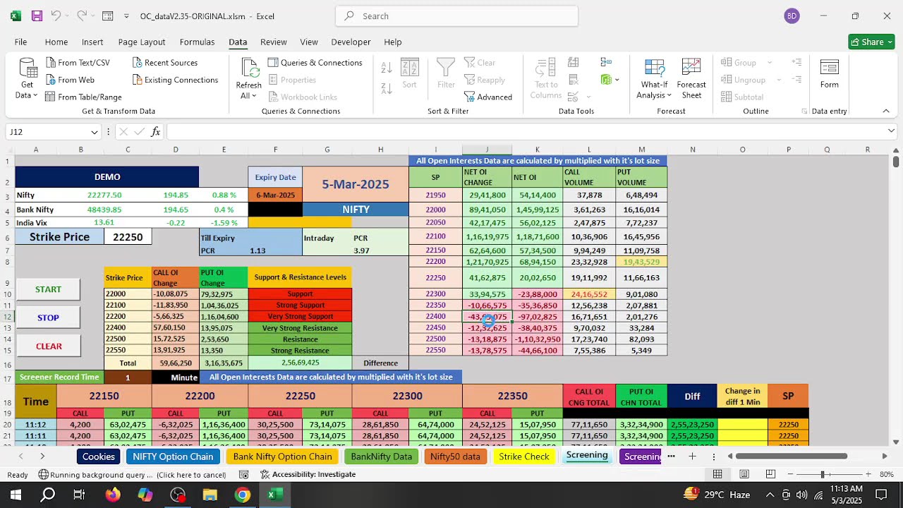NSE Nifty, Bank Nifty Live Option Chain Analysis in Excel, Cookies, PCR, Open Interest Data Record