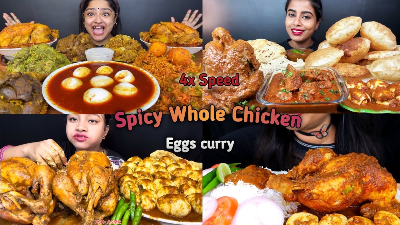 ASMR:Eating Spicy Whole Chicken curry🍗🤤egg curry, biryani, chicken curry puri, eating, mukbang