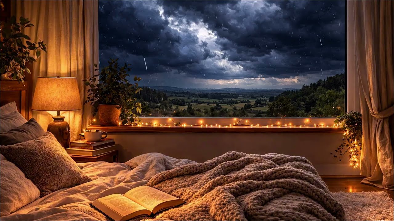 4K Cozy Bedroom Window Rain Ambience 🌧️ | 3 Hours of calming Rain Sounds for Sleep, Study & Reading
