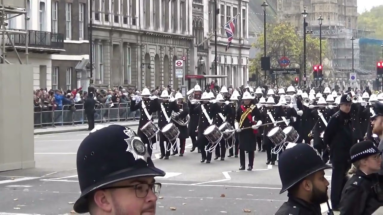 Remembrance Sunday 2022 arrival at the Cenotaph of the Royal Marines Band  with Royal Navy