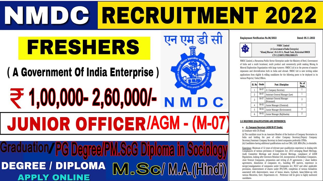 NMDC Recruitment 2022 || NMDC Permanent Job || recruitment to the post of AGM (M-7) / Junior Manager