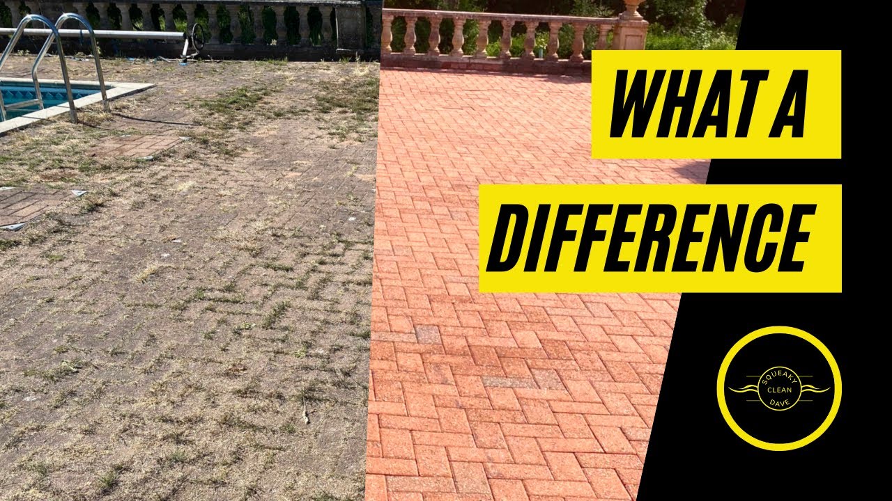 Pressure Washing An Overgrown Patio Around A Swimming Pool