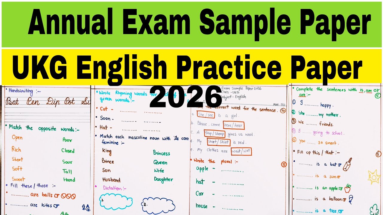 UKG English Annual Exam Sample Paper 2026 | KG 2 English Practice Paper 