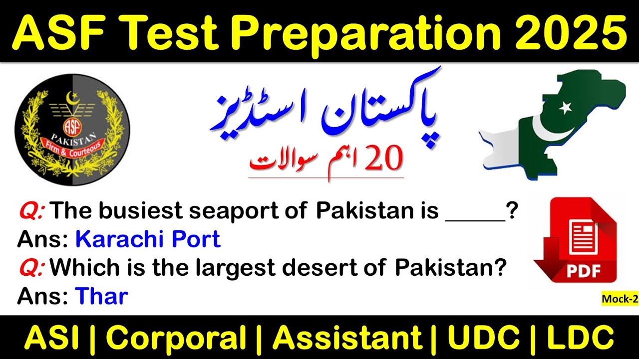 Pakistan Study Top 20 MCQs (Mock-2) for ASF Test Preparation 2025 | ASI, Corporal, Assistant, UDC