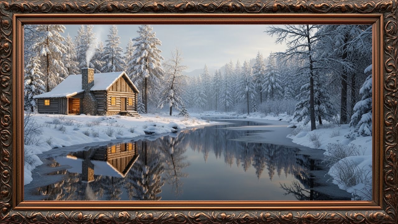 Cozy Winter Cabin by the River | Peaceful Framed TV Art Screensaver