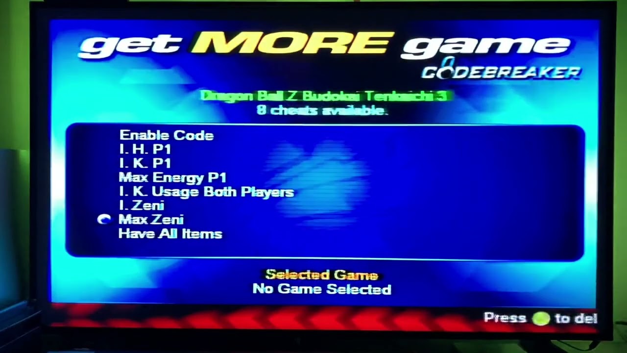 Code Breaker Cheats for Dragon Ball Z Budokai Tenkaichi 3 and the code for each cheat.