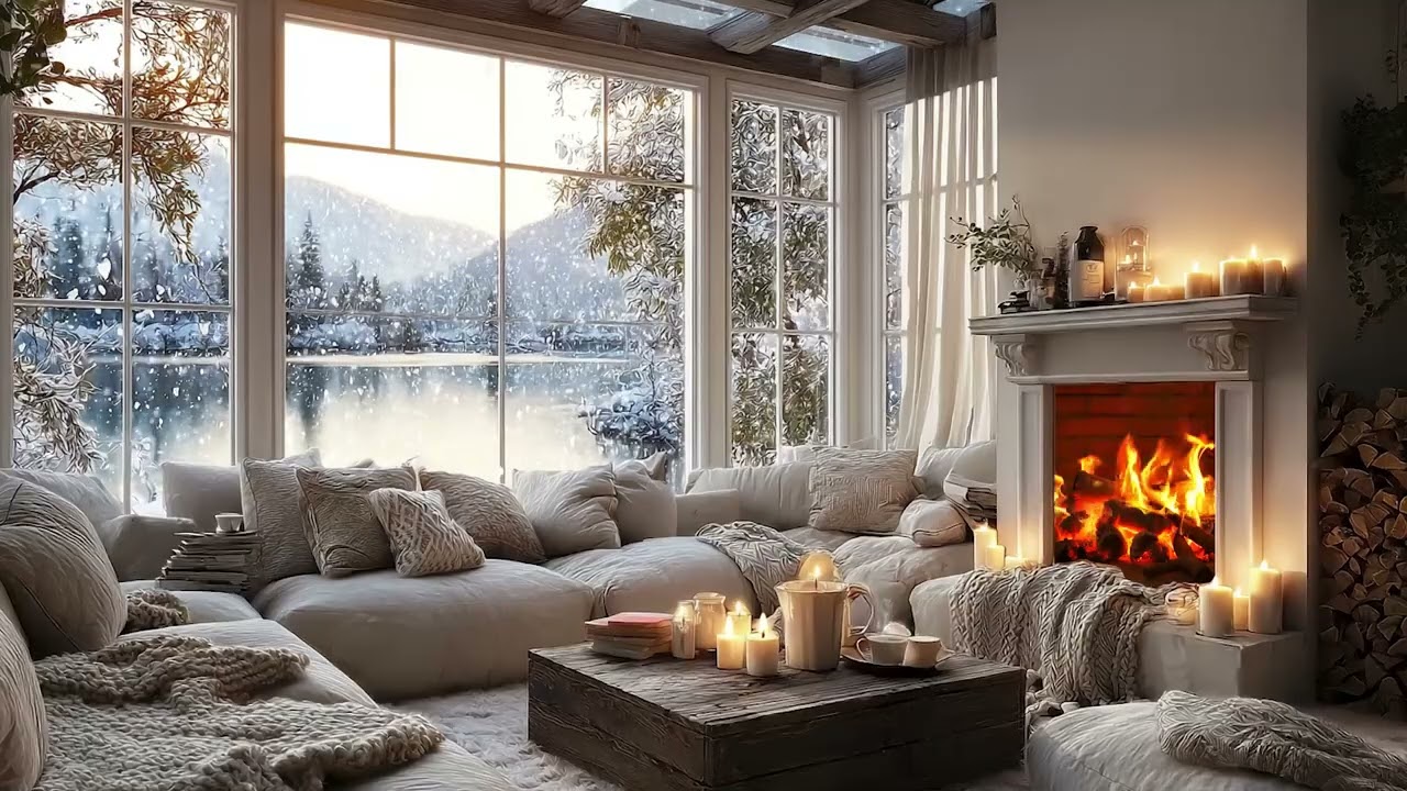 3 Hours Cozy Winter Piano ❄️🔥 Fireplace & Falling Snow for Deep Sleep