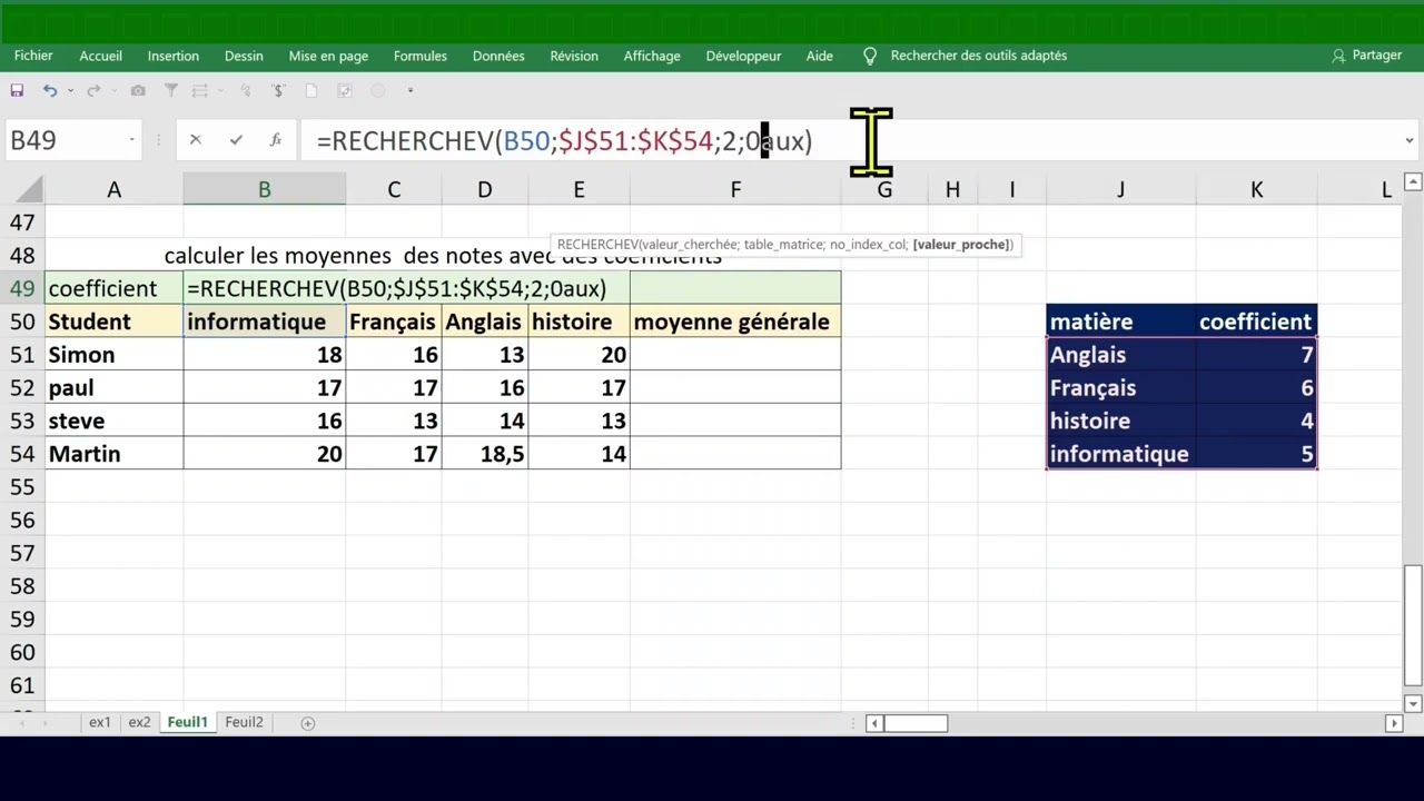 CALCULER des MOYENNES  AVEC SOMMEPROD ET RECHRCHEV EXCEL