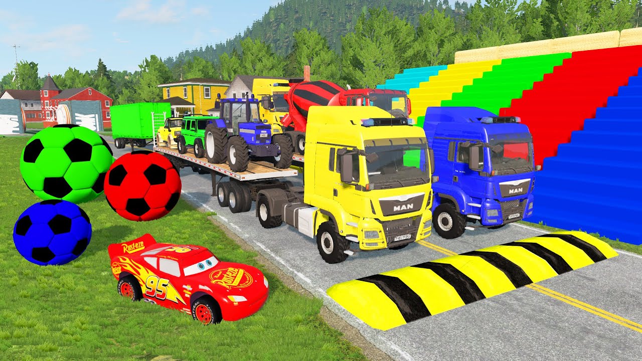 Flatbed Trailer McQueen Transportation with Truck - Speedbumps vs Cars vs Train - BeamNG.Drive #6