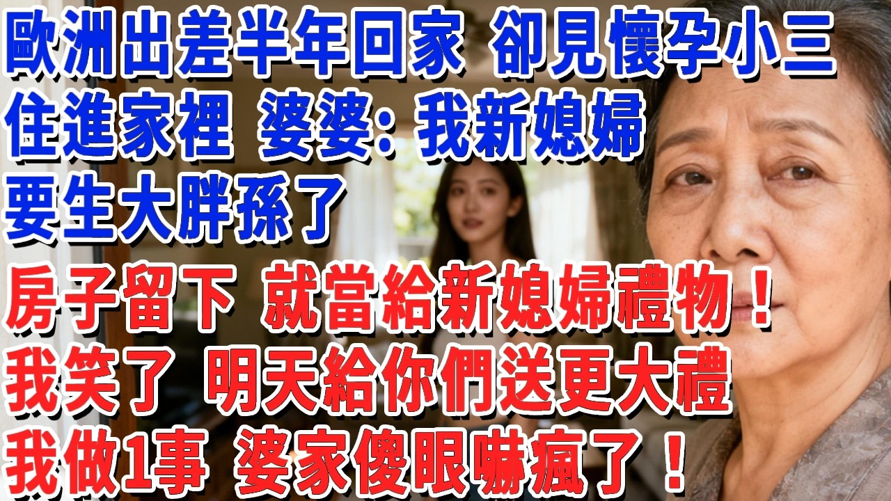 歐洲出差半年回家，卻見懷孕小三住進家裡，婆婆：我新媳婦要生大胖孫了，房子留下 就當是給新媳婦禮物！我笑了 明天給你們送更大禮，我做1事 婆家傻眼嚇瘋了！#小娟講故事 #情感故事 #老年生活