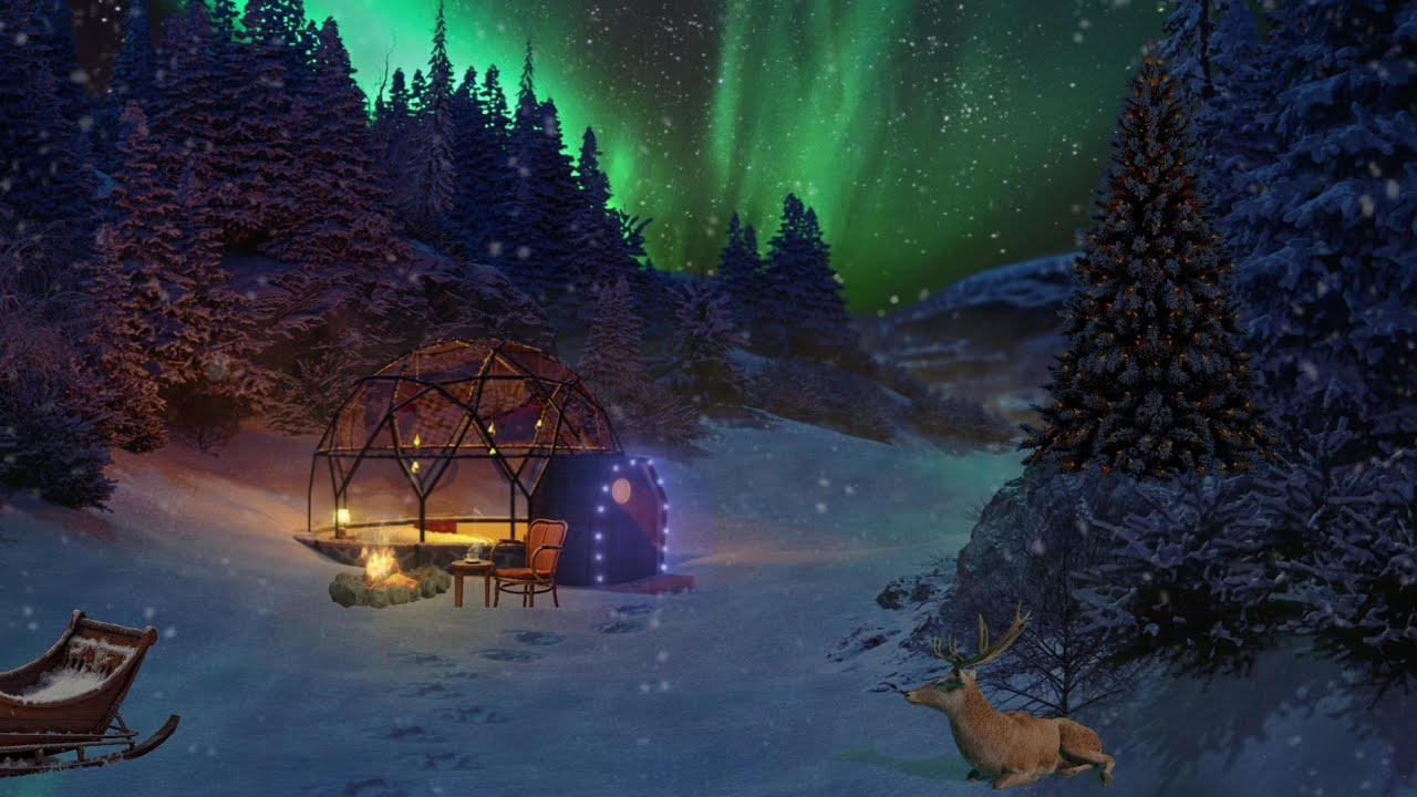 North pole Igloo resort | Aurora Borealis, Northern lights ambience | Wind , snowfall & fire sounds