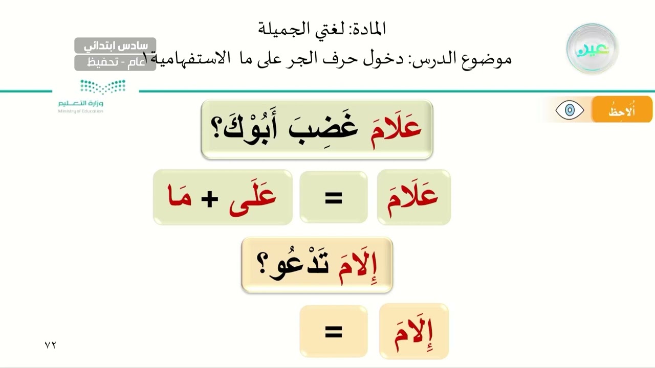 دخول حرف الجر على (ما) الاستفهامية ١ - لغتي الجميلة - سادس ابتدائي