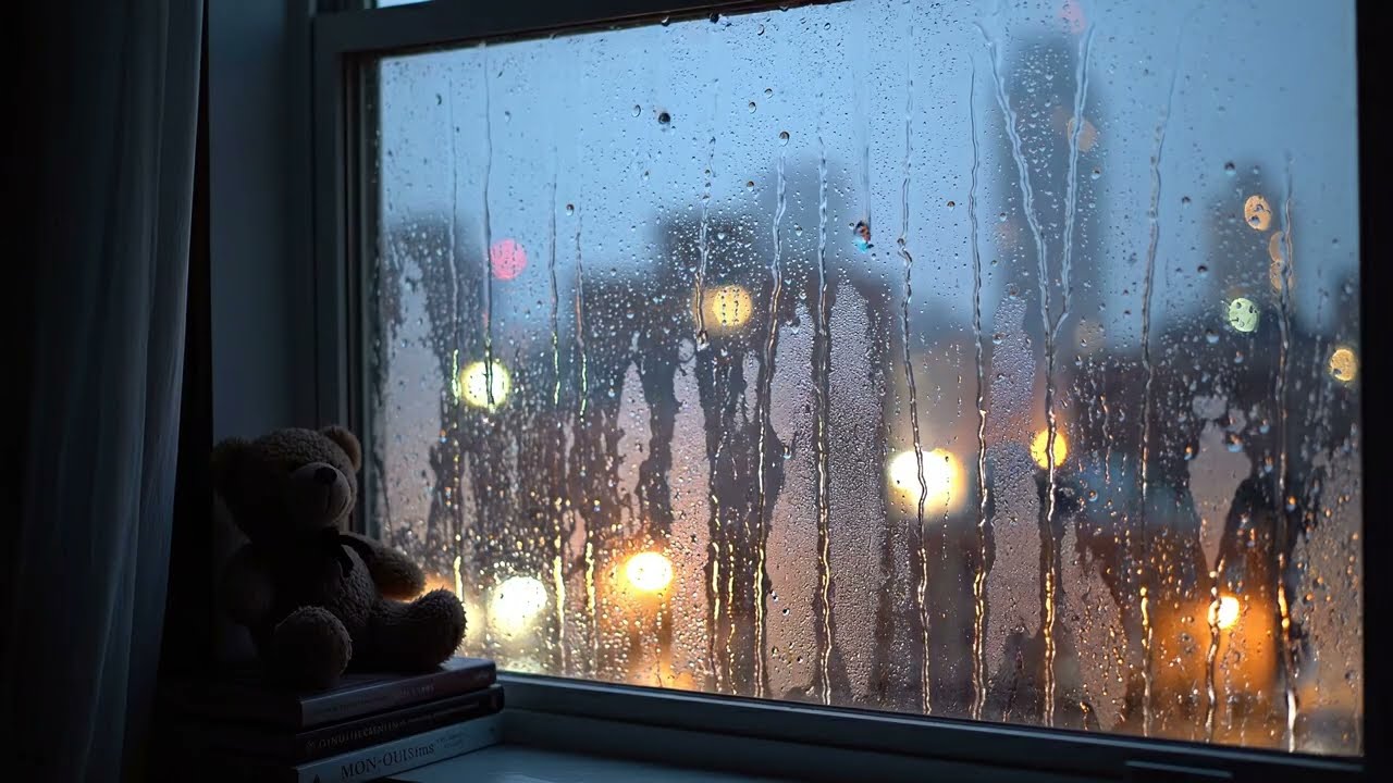 4K Teddy Bear on Window with Rainy Night City Lights