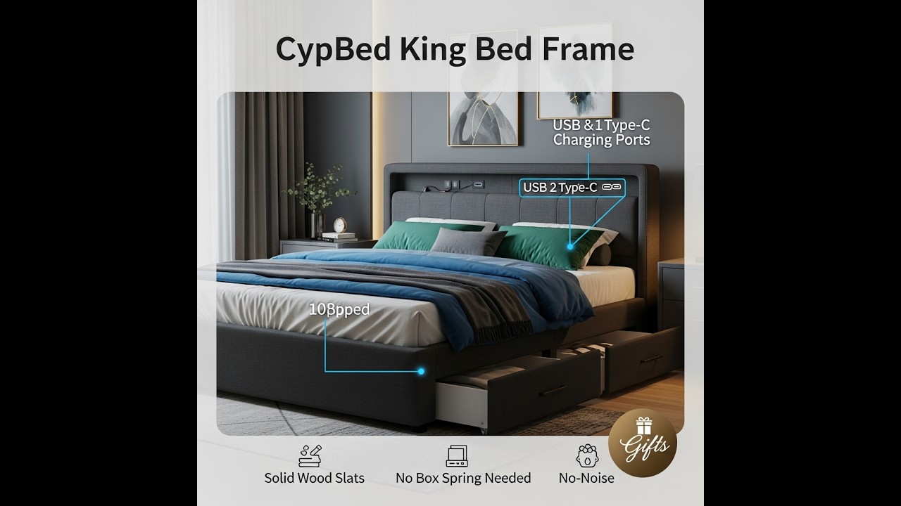 CypBed King Size Bed Frame with 4 Storage Drawers, Upholstered Platform King Bed Frame and Headboard