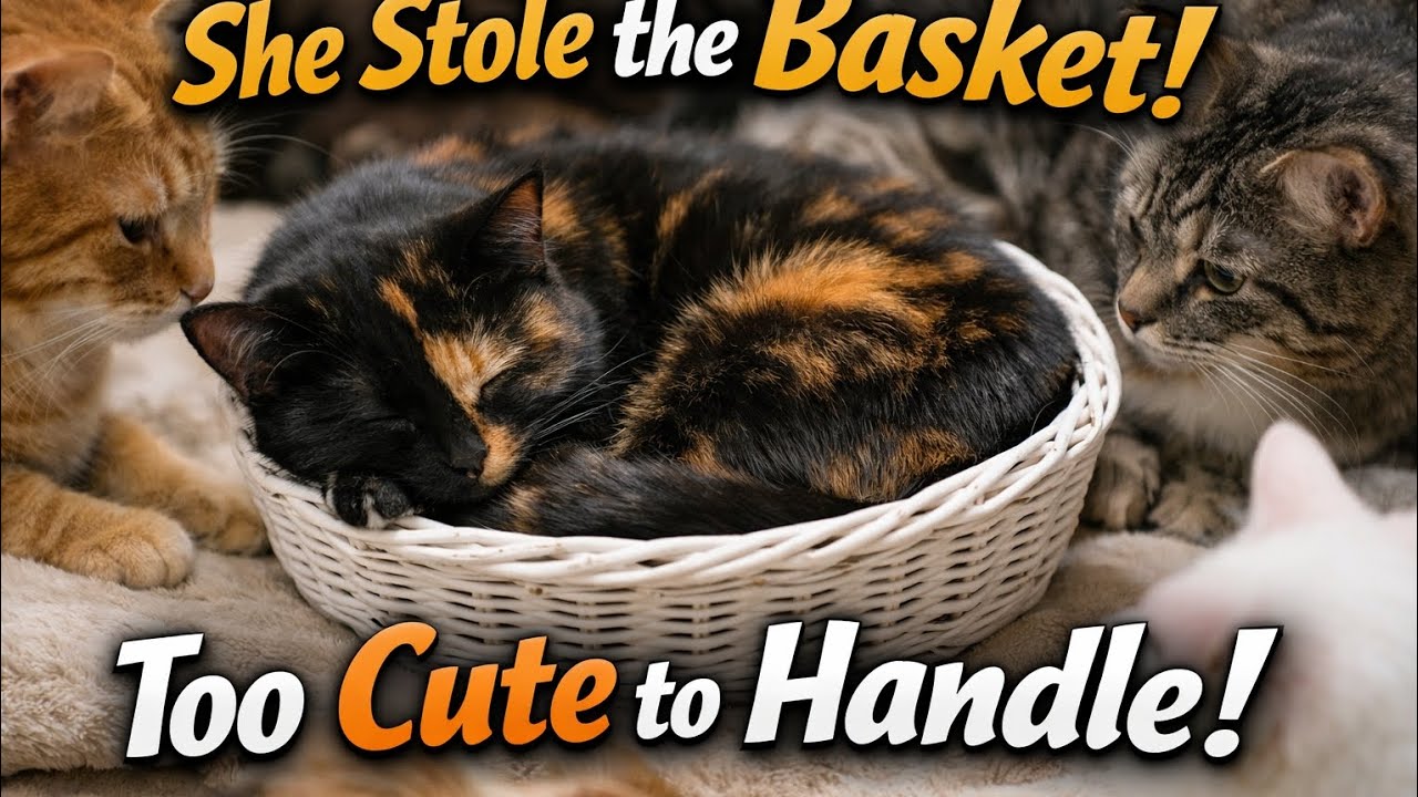 Tiny White Basket, Big Cat Love 🐾 Black & Orange Cat Sleeping While Others Watch