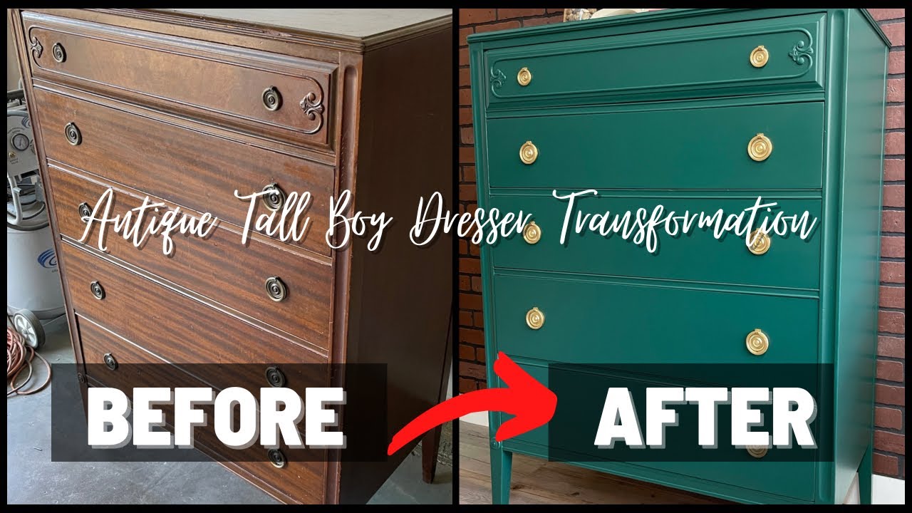 BEAUTIFUL tall boy DRESSER transformation GREEN & GOLD || VINTAGE furniture flip | trash to treasure