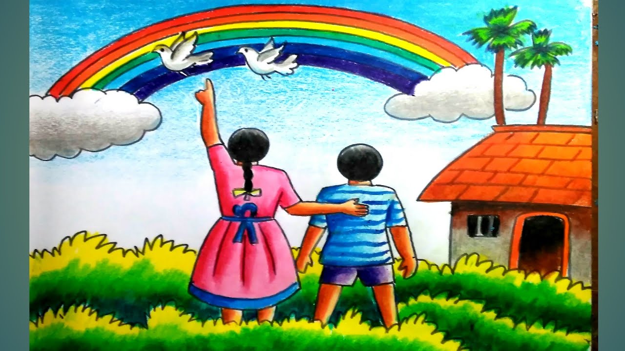 How to draw a beautiful rainbow scenery/ drawing step by step easy