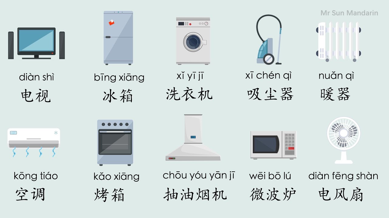 【EN SUB】学中文 家用电器 Home applications in Chinese, Chinese learning Cards, 汉语教学词卡, Mr Sun Mandarin